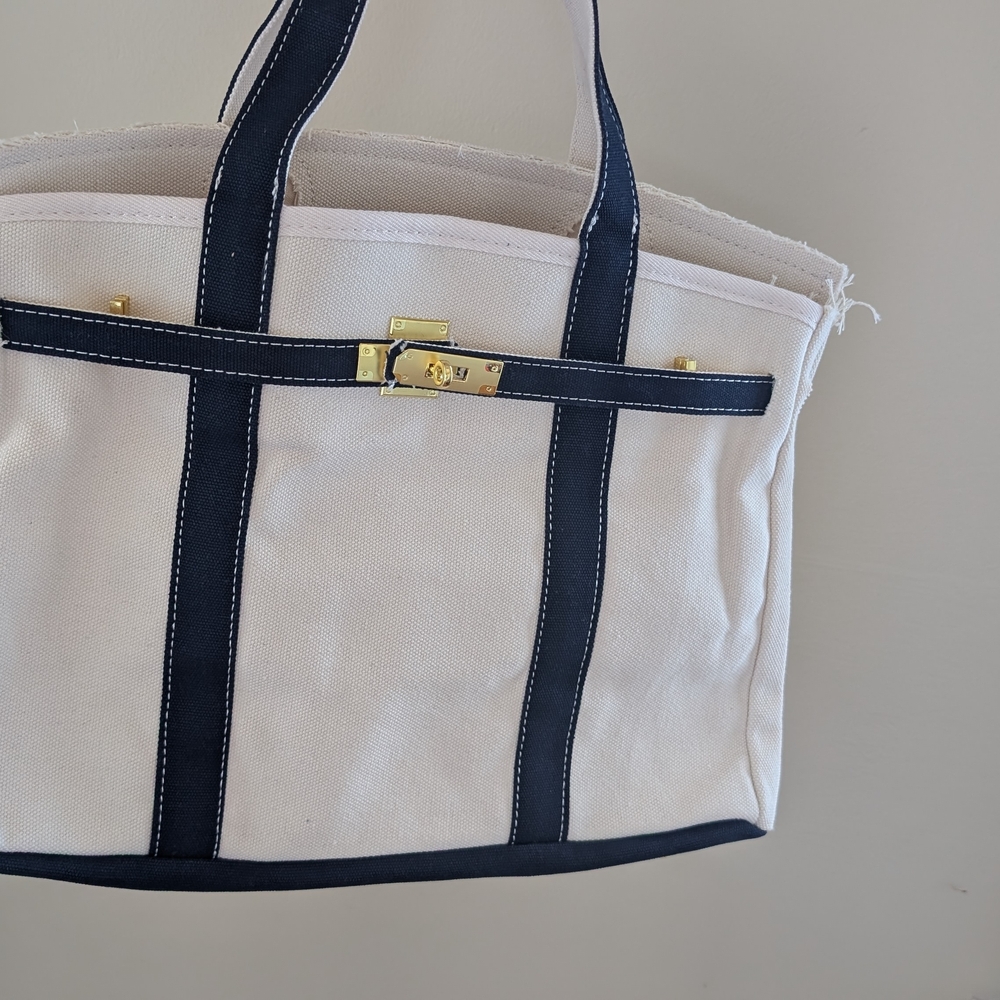 Elegant Canvas Tote Bag with Navy Accents - Picture 6 of 6